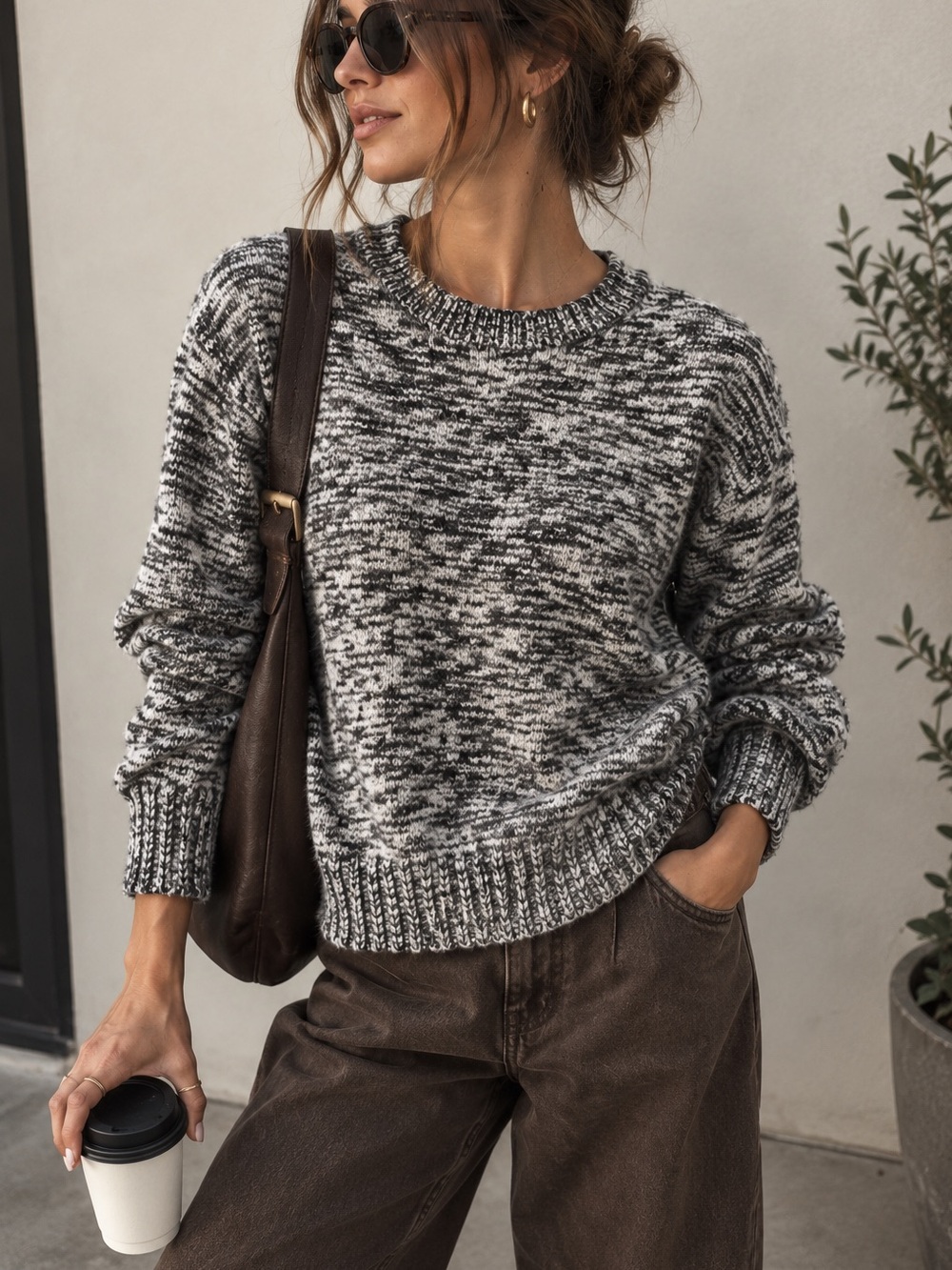 Eileen Fisher Scoop Neck Sweater Organic Cotton Alpaca Wool Blend Marled Small